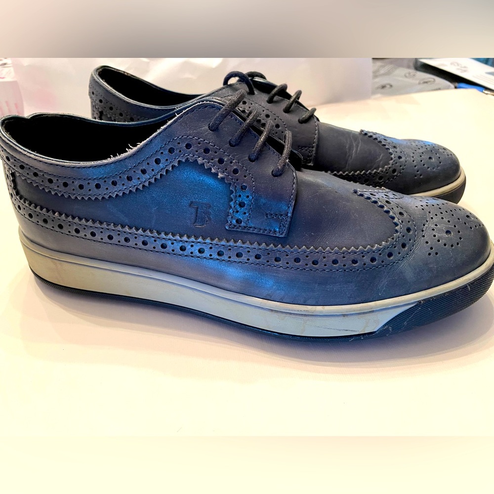 TOD’S Men’s Sneakers Wingtip Oxford Distressed Leather Design Dark Blue Size 7.5